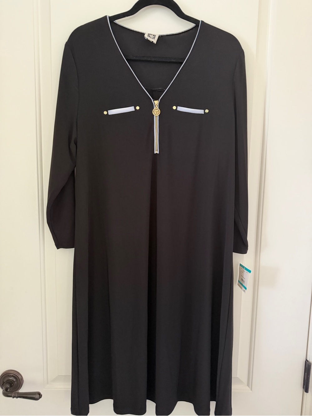 Anne Klein Black Midi Dress with Gold Zip and White Trim